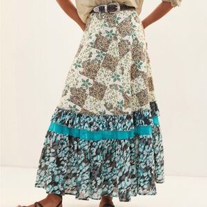Anthropologie Raga Floral Patchwork Ruffle Tiered Maxi Skirt sz XS